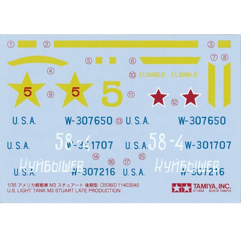 Tamiya 1/35 MM 360 US Light Tank M3 Stuart Late Production Plastic Model Kit