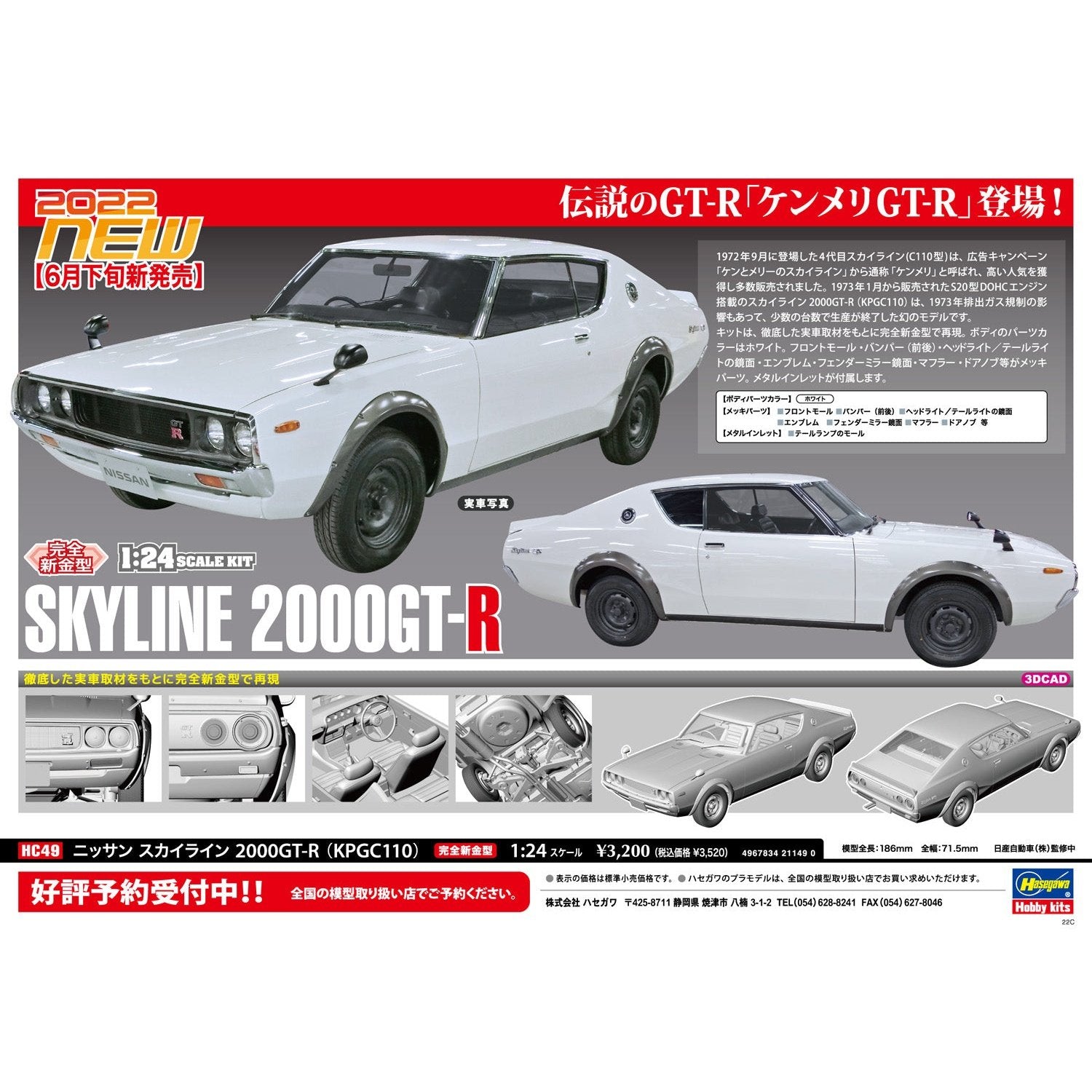 Hasegawa 1/24 HC 49 NISSAN SKYLINE 2000GT-R 組裝模型 - TwinnerModel